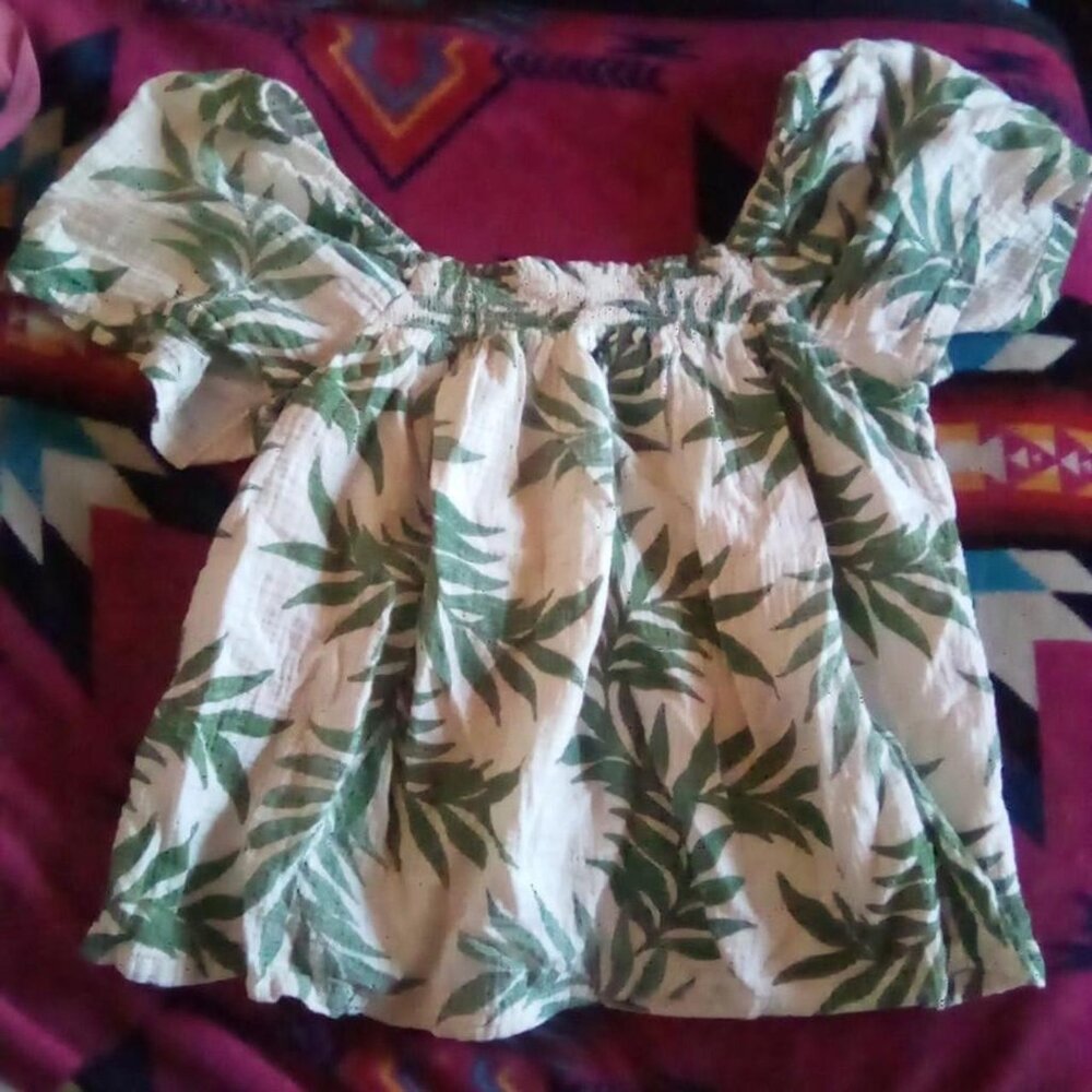 Off the Shoulder Green and White Leaf Print Top
